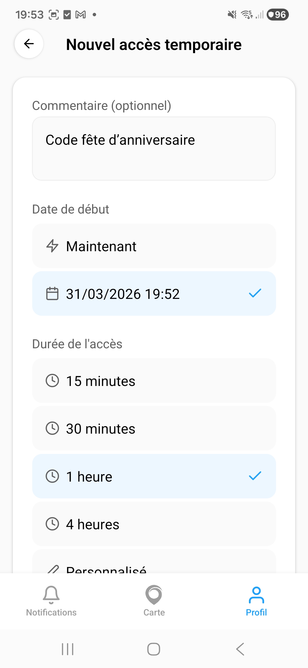 Nouvel acces temporaire