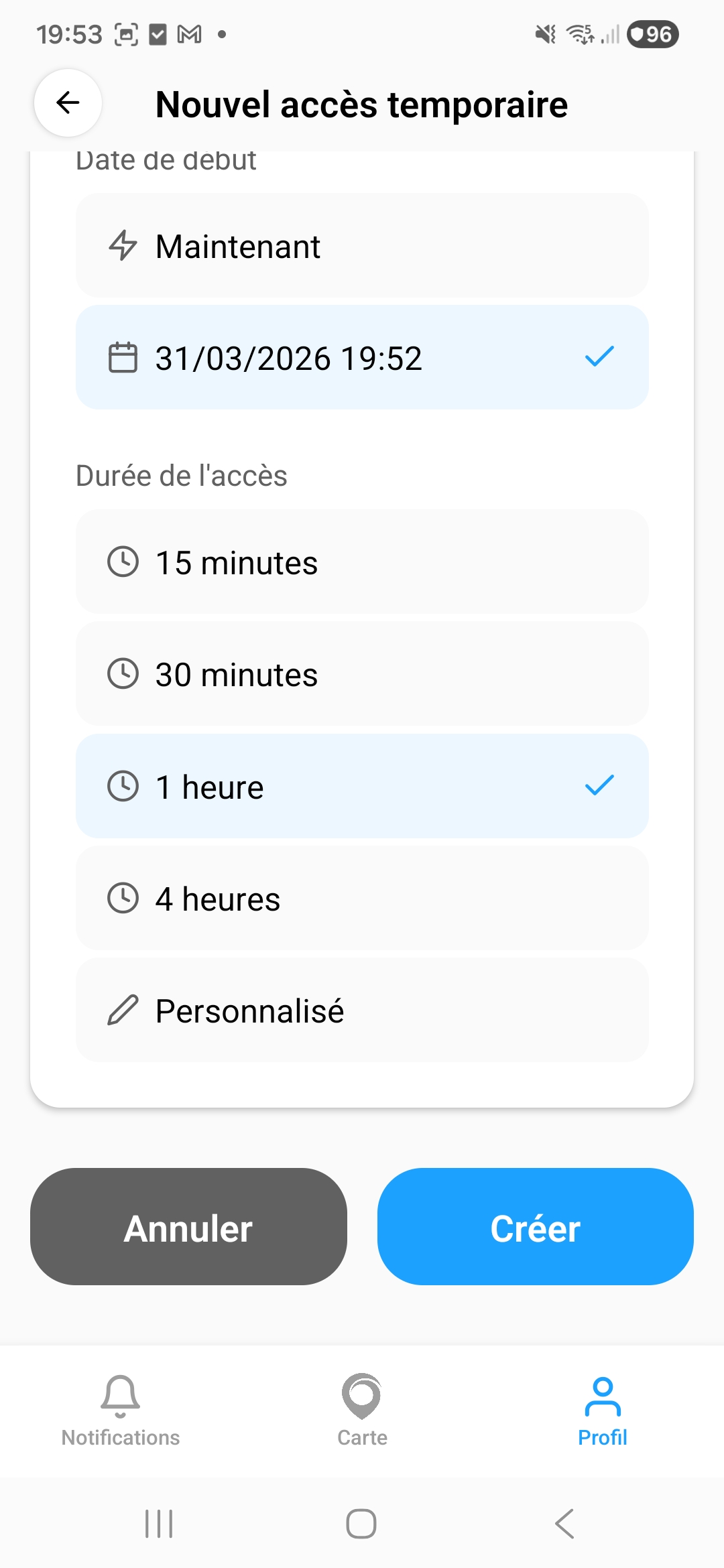 Acces temporaire - options