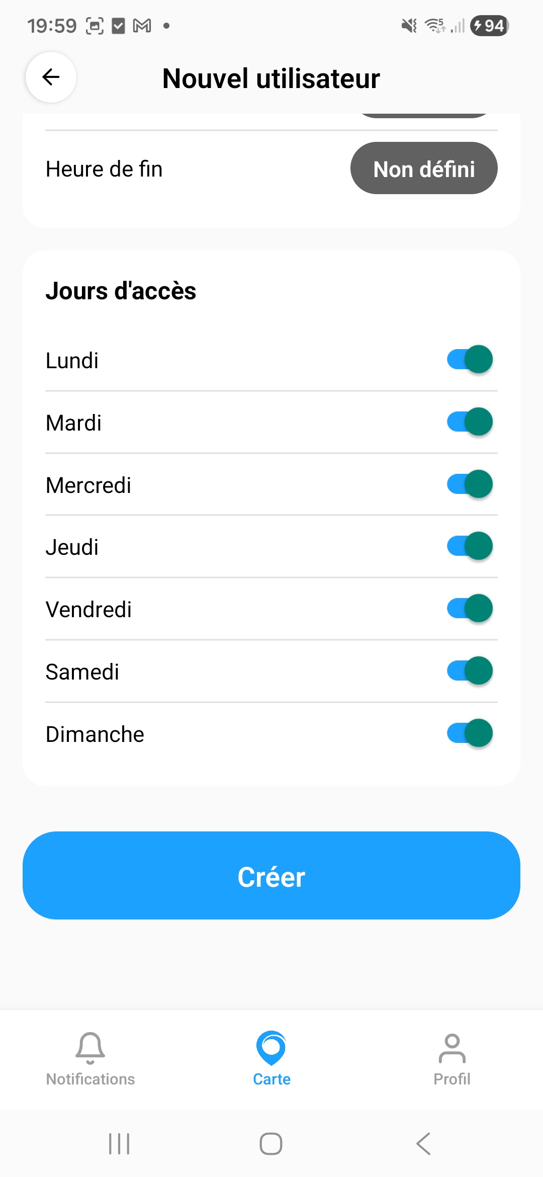 Jours d'acces utilisateur